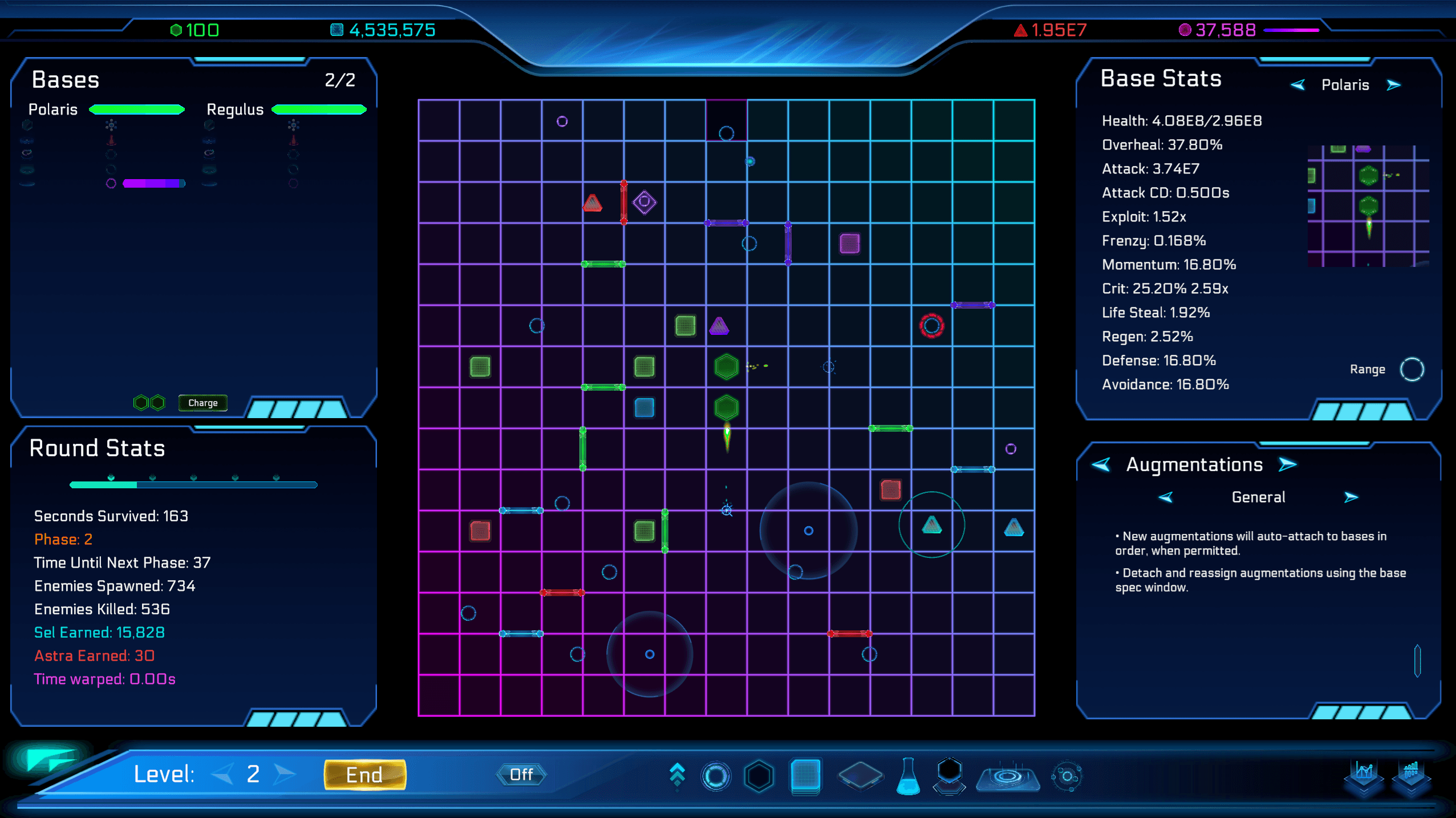 OVC gameplay: turrets anchored to a neon lattice while the swarm closes in